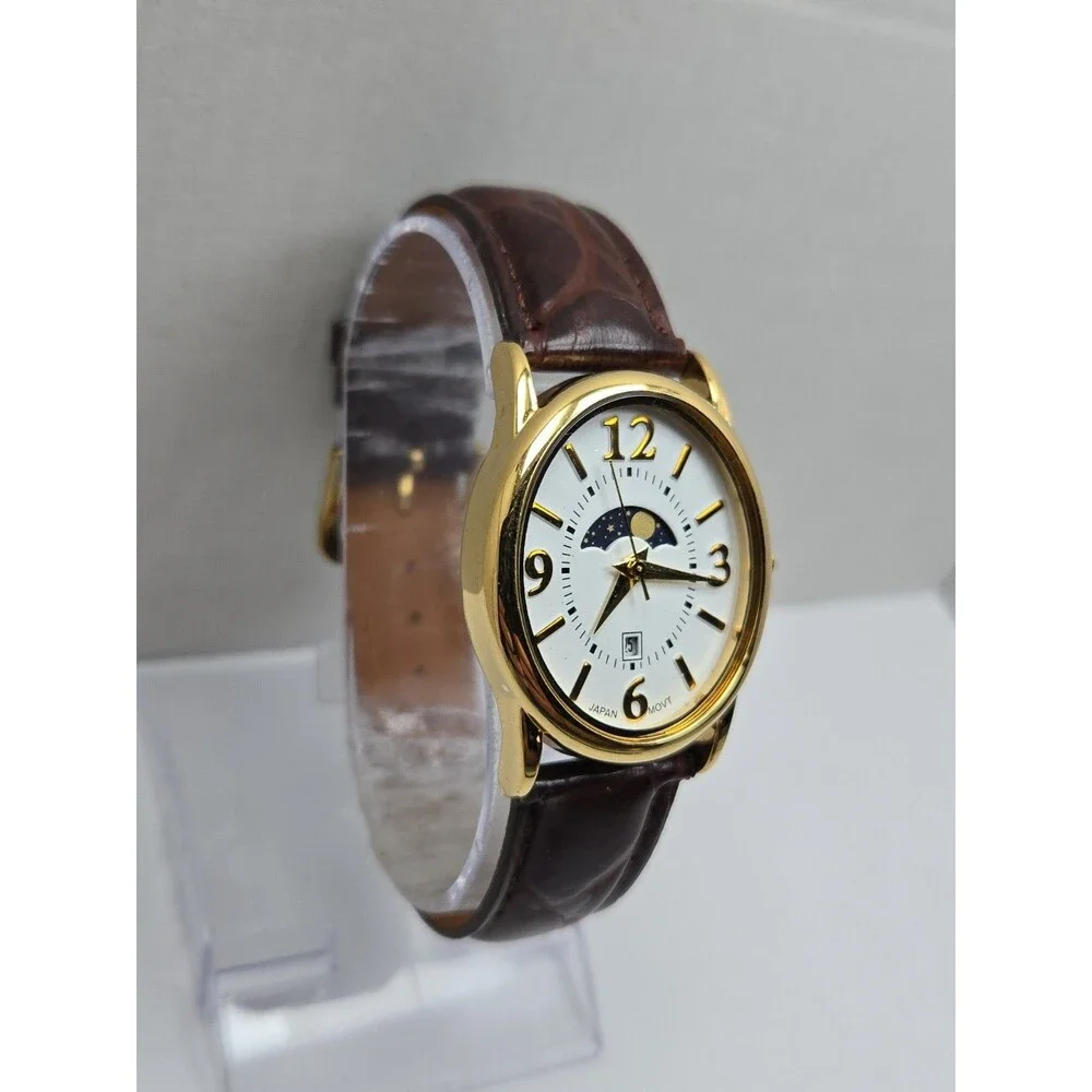 Womens Vintage Avon Moon Phase Date Womens Gold Tone Leather Watch New Battery